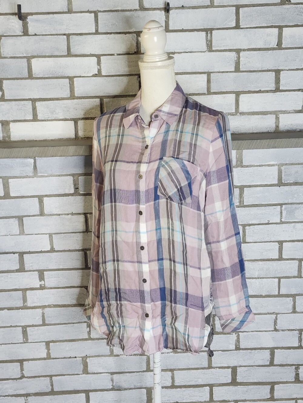 • Tribal Jeans Women's Long Sleeve Button Up Plaid Front Top XS Multicolor